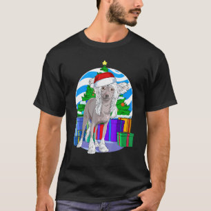 T-shirt Chien de Père Noël à crête Chinoise Décor Arbre de