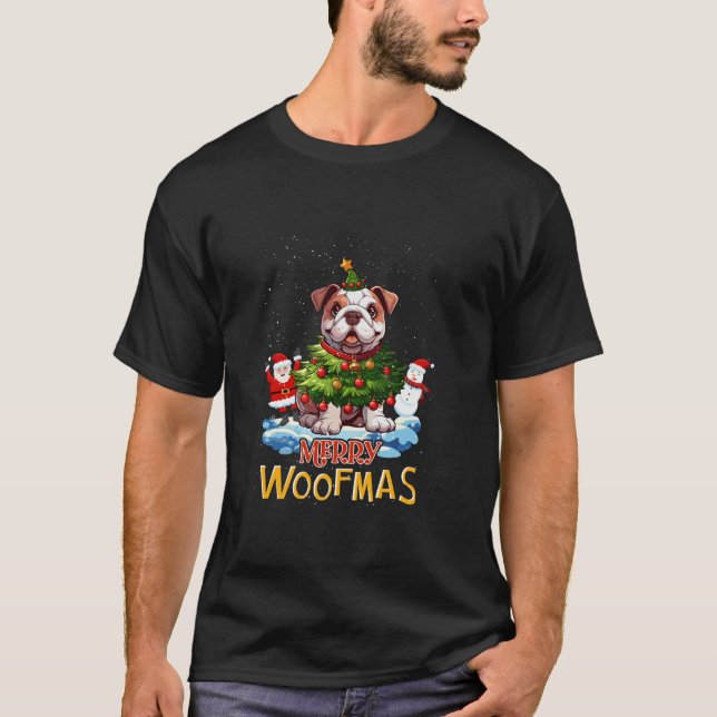 T-shirt Chien de taureau anglais Joyeux sapin de Noël Lumi (Devant)