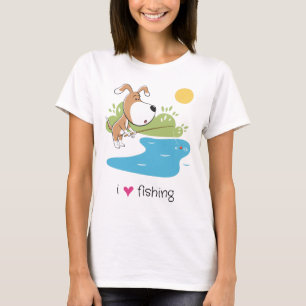 T-shirt Chien drôle de dessin animé Pêcheur Pêche Lac Sole