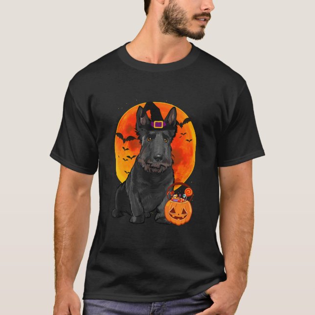 T-shirt Chien écossais Terrier Halloween Jack-o'-lantern P (Devant)