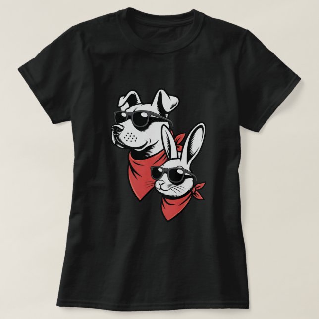 T-shirt Chien et lapin cool avec lunettes de soleil et ban (Design devant)