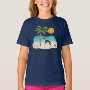 T-shirt Chien Iggy Noir Et Blanc à la Plage Tropicale d'Ét