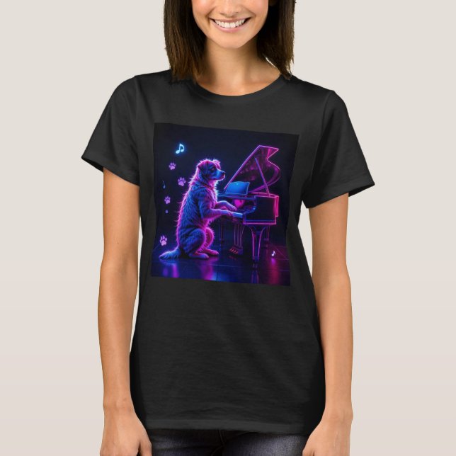 T-shirt Chien Jouer Piano Musique Amoureux Drôle (Devant)
