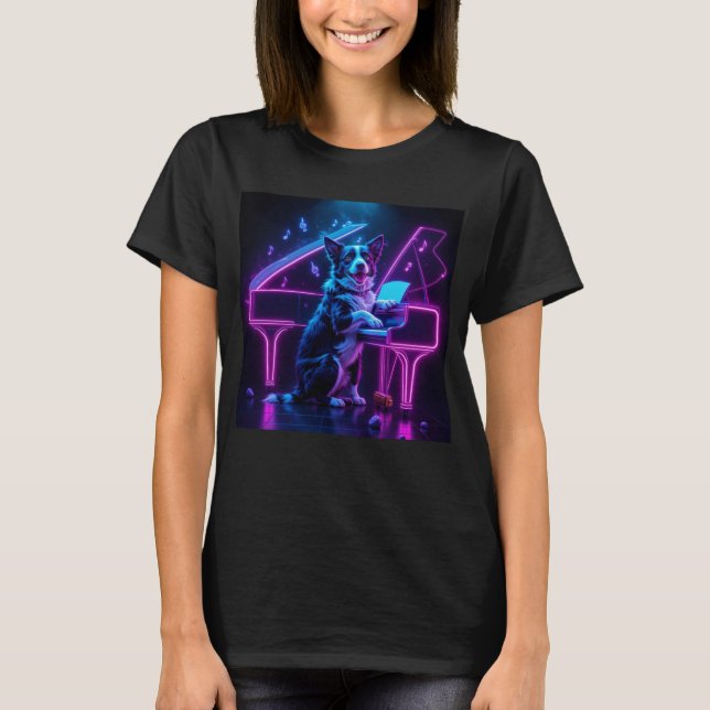 T-shirt Chien Jouer Piano Musique Amoureux Drôle (Devant)