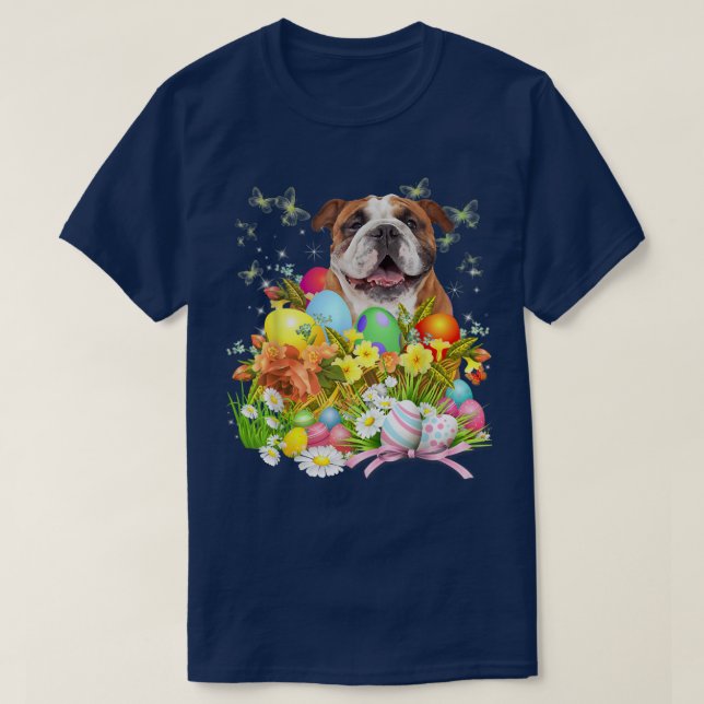 T-shirt Chien lapin de Bulldog anglais avec panier d'oeufs (Design devant)