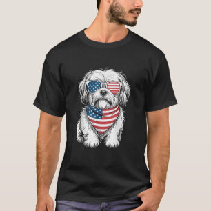 T-shirt Chien Lhasa Apso Lunettes de soleil Drapeau USA Pa