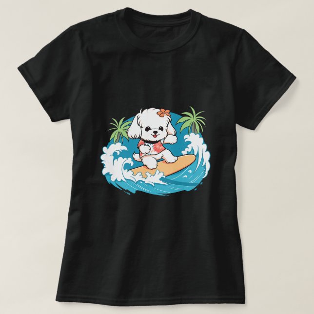 T-shirt Chien maltais mignon surfant sur les vagues au par (Design devant)