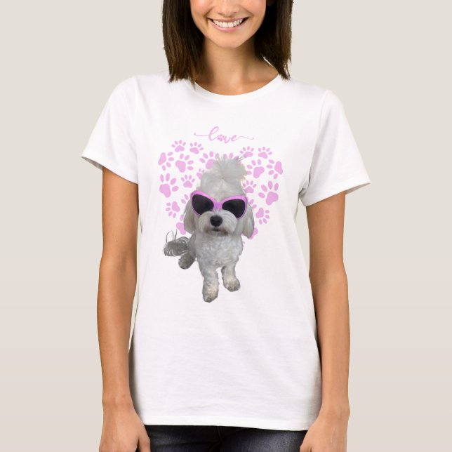 T-shirt Chien maltais tendance avec lunettes roses et Empr (Devant)