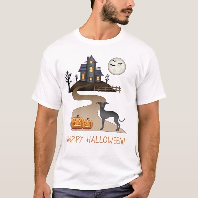 T-shirt Chien mignon Noir Et Maison Hantée Halloween Hallo (Devant)