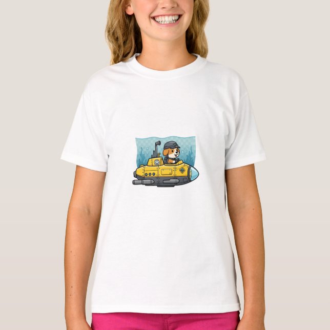 T-shirt Chien mignon pilotant un sous-marin jaune pour enf (Devant)