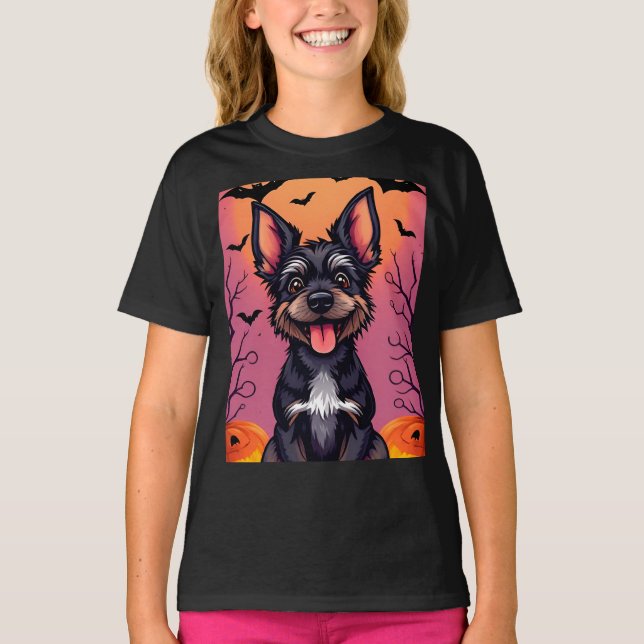 T-shirt Chien mignon sur la scène d'Halloween avec Citroui (Devant)