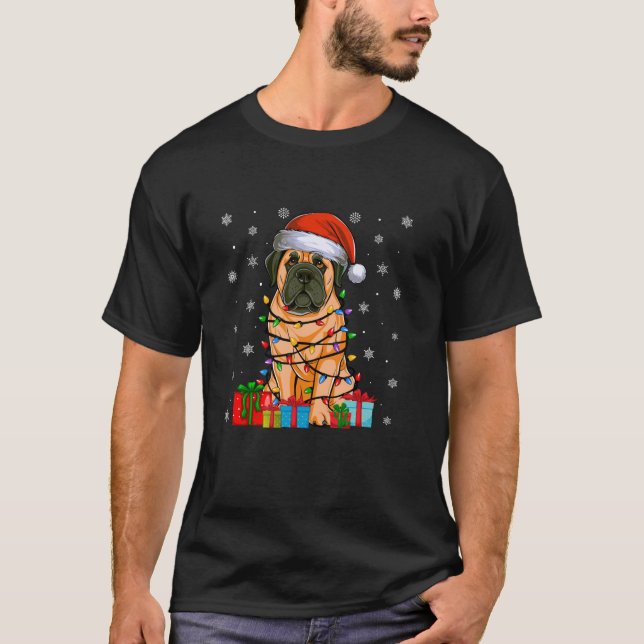 T-shirt Chien Moche Noël Éclairage Santa Hat Français Mast (Devant)