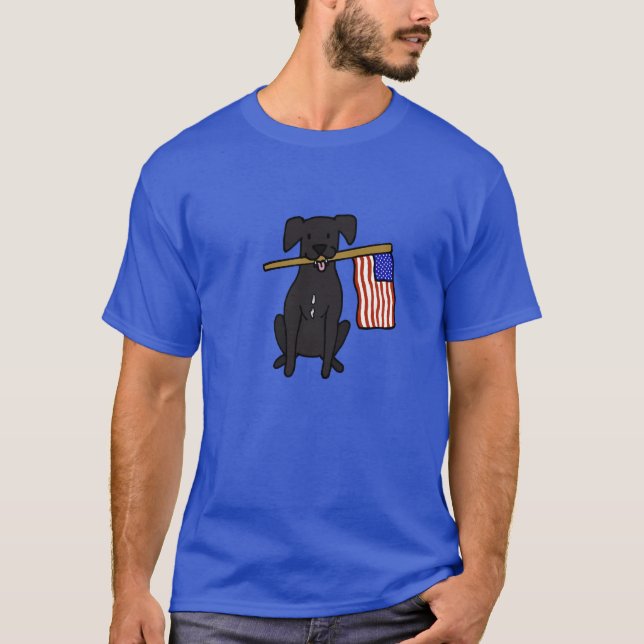 T-shirt Chien noir tenant drapeau américain (Devant)