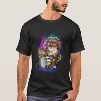 T-shirt Chien Poméranien Jouer Des Tambours En Galaxie Rai