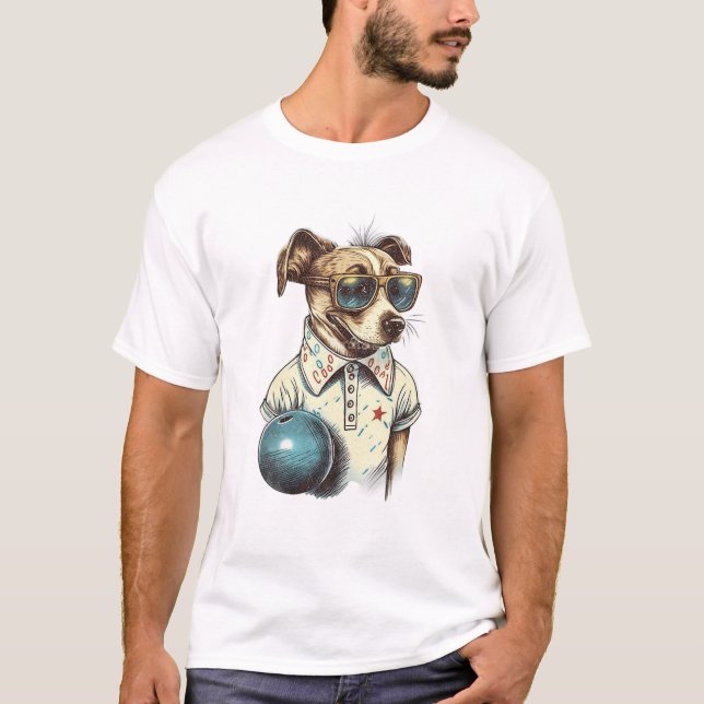 T-shirt Chien Rétro Jouant au Bowling (Devant)