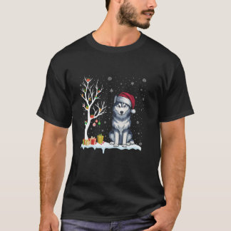 T-shirt Chien sibérien Husky Chien Santa Hat Festif Arbre 