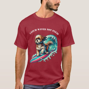 T-shirt Chien surf avec un Surfboard chevauchant une grand