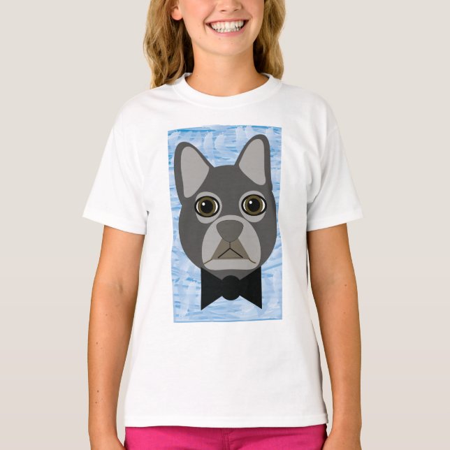 T-shirt Chien-taureau français gris, aquarelle bleu (Devant)