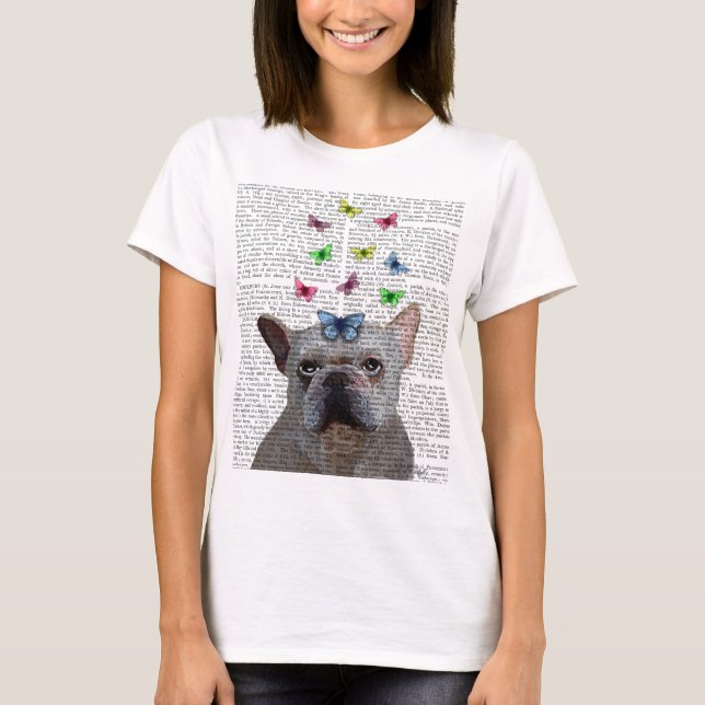 T-shirt Chien-taureaux et papillons français blancs (Devant)