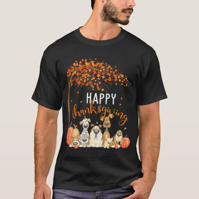 T-shirt Chiens mignons Automne Feuilles Citrouille heureux (Devant)
