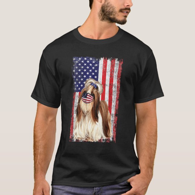 T-shirt Chih Tzu Drapeau Américain Porte Le Masque De Visa (Devant)
