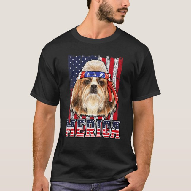 T-shirt Chih Tzu Merica 4 juillet Chien Drapeau patriotiqu (Devant)