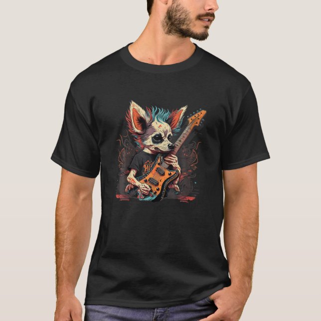T-shirt Chihuahua chien Jouer Electric Guitar Rock T Shirt (Devant)