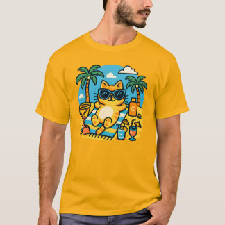T-shirt Chill Cat Beach Day Cartoon T-Shirt-Fun Summer Tee