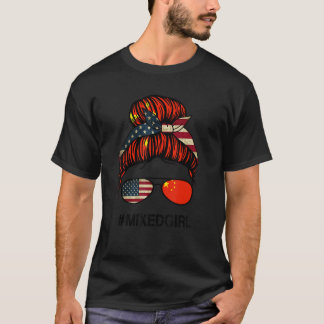T-shirt China American Flag   USA Chinese Messy Bun