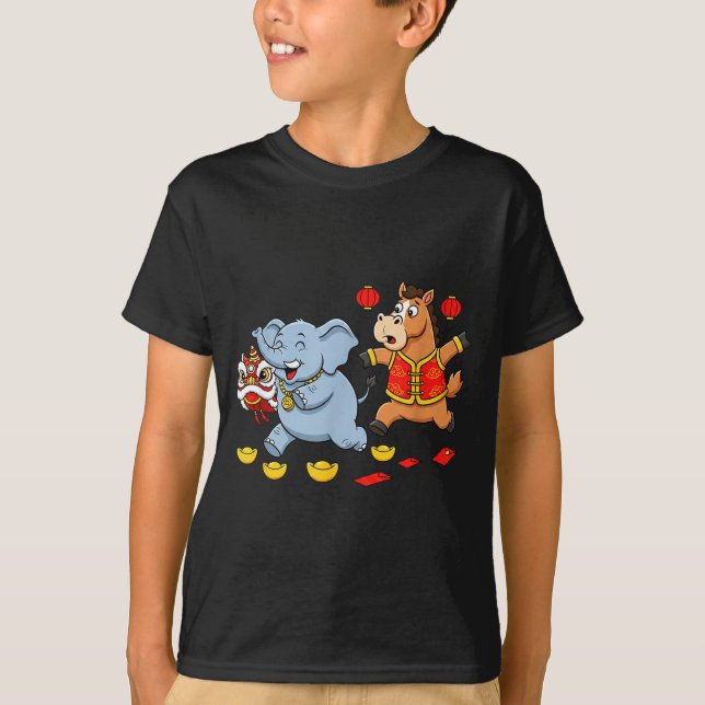 T-shirt Chinese Horse Elephant Funny Kids Mens Womens Happ (Devant)