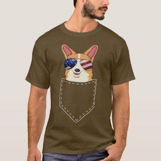 T-shirt Chiot Corgi Pocket American USA Drapeau 4 juillet
