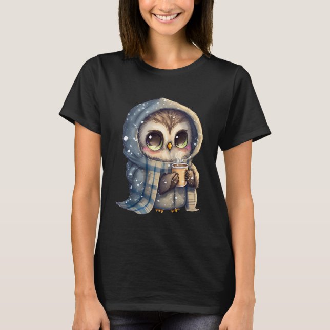 T-shirt Chouette à gros yeux mignonne tenant un café (Devant)