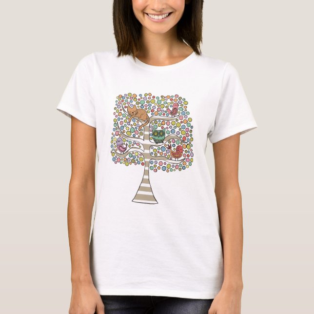 T-shirt Chouette chatte et oiseaux dans un arbre Illustrat (Devant)