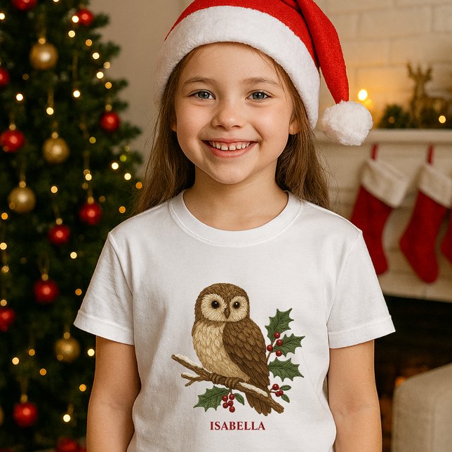 T-shirt Chouette de Noël brodée rustique avec Holly (Créateur téléchargé)