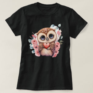 T-shirt Chouette Mignonne Tenant Coeur Au Milieu De Floral