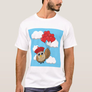 T-shirt Chouette mignonne volant avec des ballons de coeur