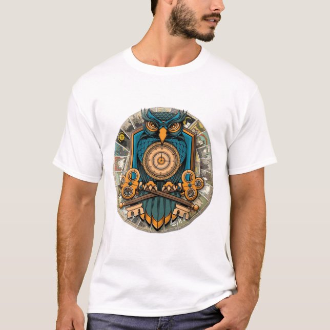T-shirt Chouette mystique avec clés et horloge dorée (Devant)