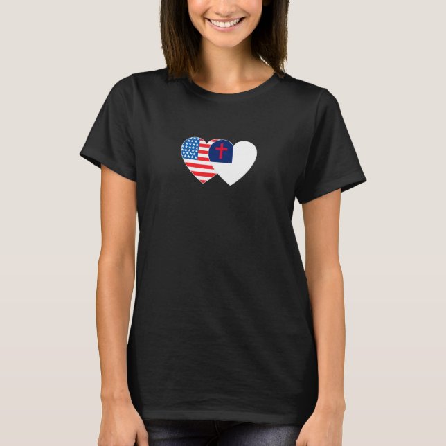 T-shirt Christian and USA Flag Twin Heart for Religious Am (Devant)