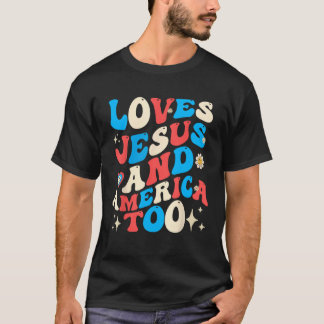 T-shirt Christian Groovy 4th of July Loves Jesus and Ameri