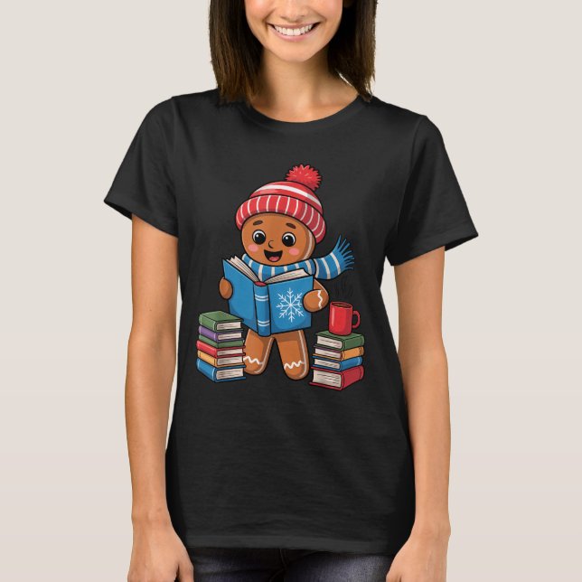 T-shirt Christmas Bookworm Gingerbread Reading Books Funny (Devant)