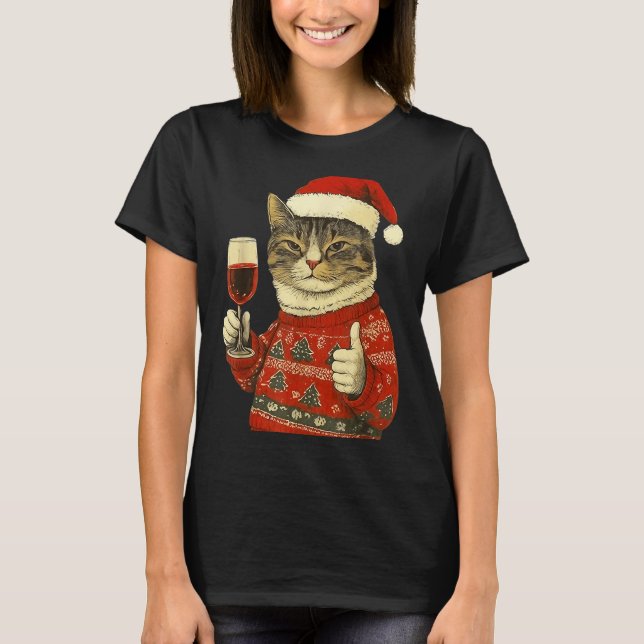 T-shirt Christmas Cat Likes Cute Cat Drinking Wine With Sa (Devant)