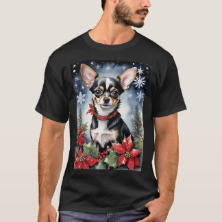 T-shirt Christmas Chihuahua With Poinsettias & Snowflakes
