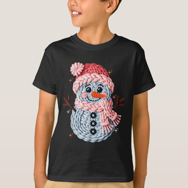 T-shirt Christmas Crochet Faux Yarn Crochet Snowman Funny  (Devant)