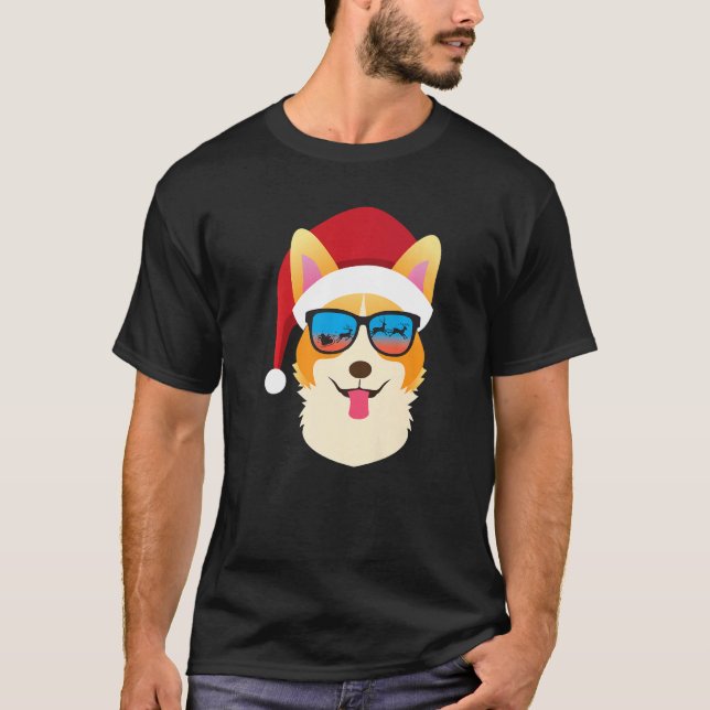 T-shirt Christmas Dog  Cute Corgi Santa Hat (Devant)