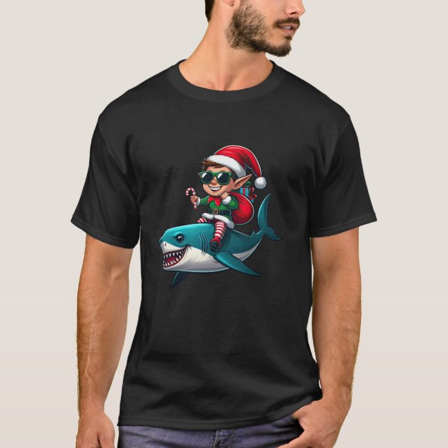 T-shirt Christmas Elf Riding Shark Sunglasses Santa Hat Ca (Devant)