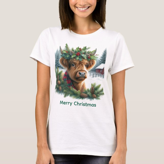 T-shirt Christmas Highland Cow with Pine  (Devant)
