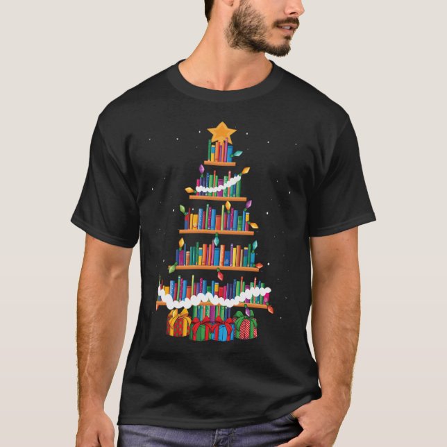 T-shirt Christmas Library Tree Librarian Funny Book Lover (Devant)