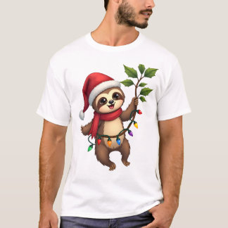 T-shirt Christmas Lights Sloth Wearing Xmas Hat - Sloth Lo