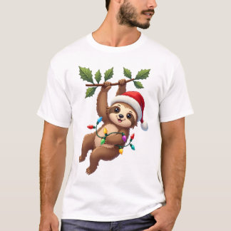 T-shirt Christmas Lights Sloth Wearing Xmas Hat - Sloth Lo