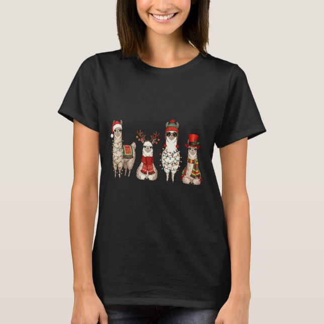 T-shirt Christmas Llama Quartet Lights Santa Antlers Top H (Devant)